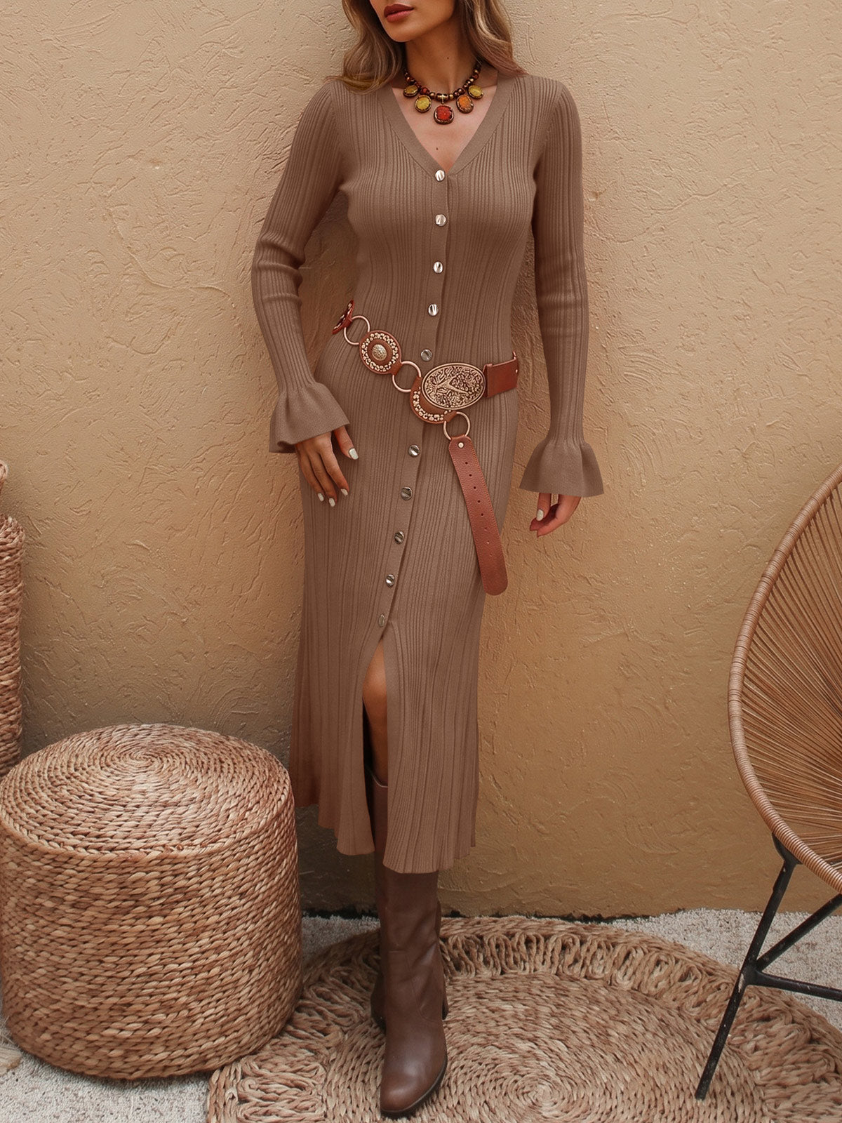 Saodimallsu Womens V Neck Midi Sweater Dress