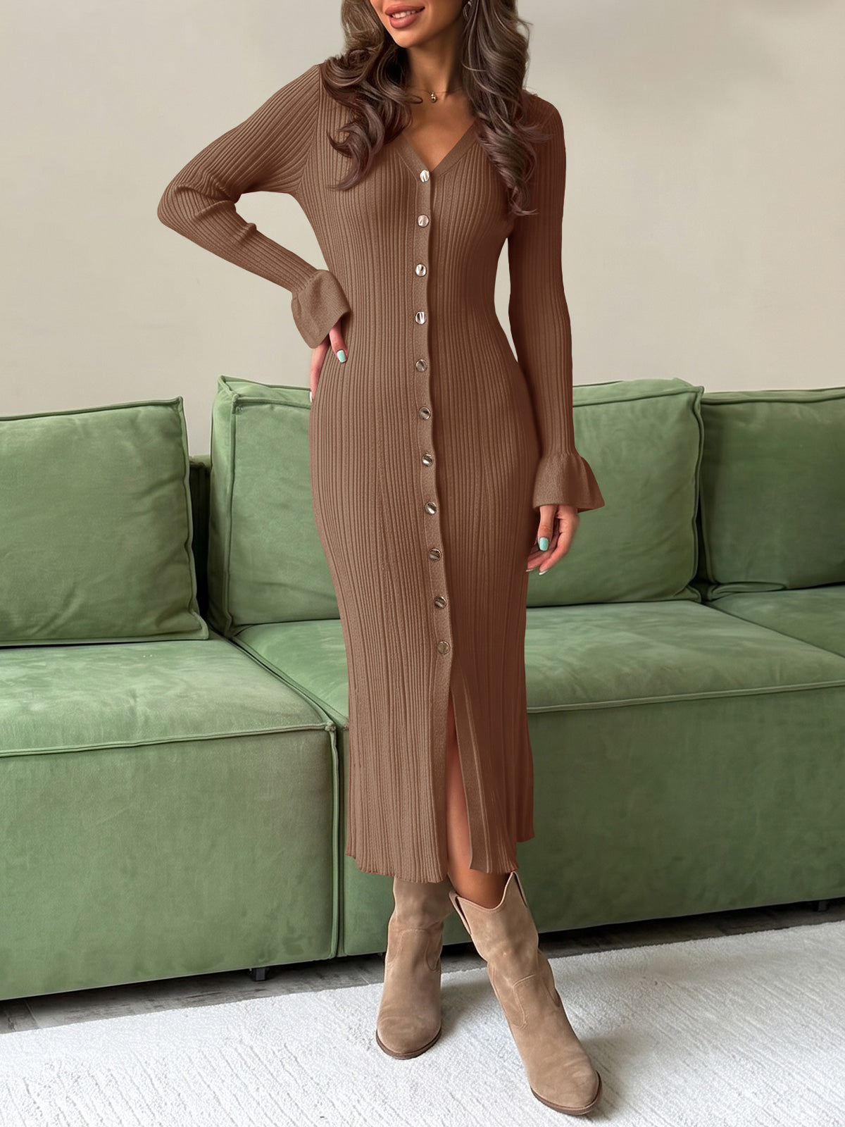 Saodimallsu Womens V Neck Midi Sweater Dress