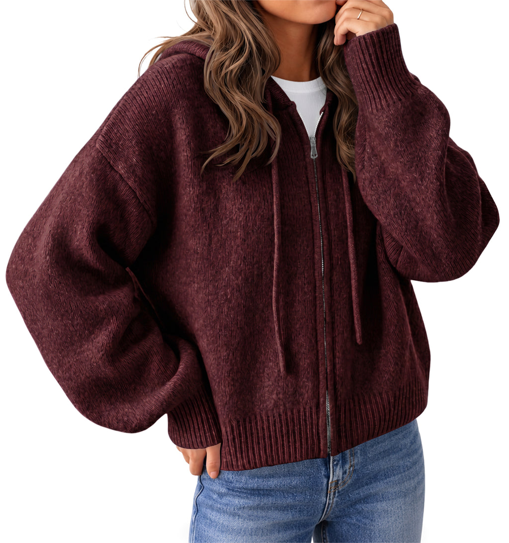 Saodimallsu Womens Zip Up Hooded Knit Cardigan