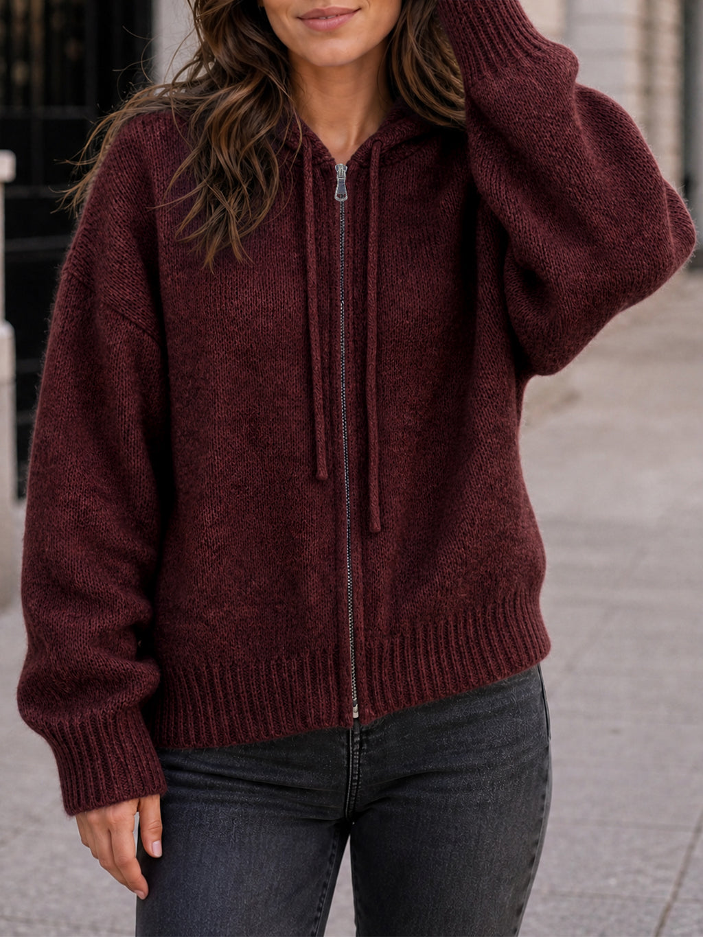 Saodimallsu Womens Zip Up Hooded Knit Cardigan