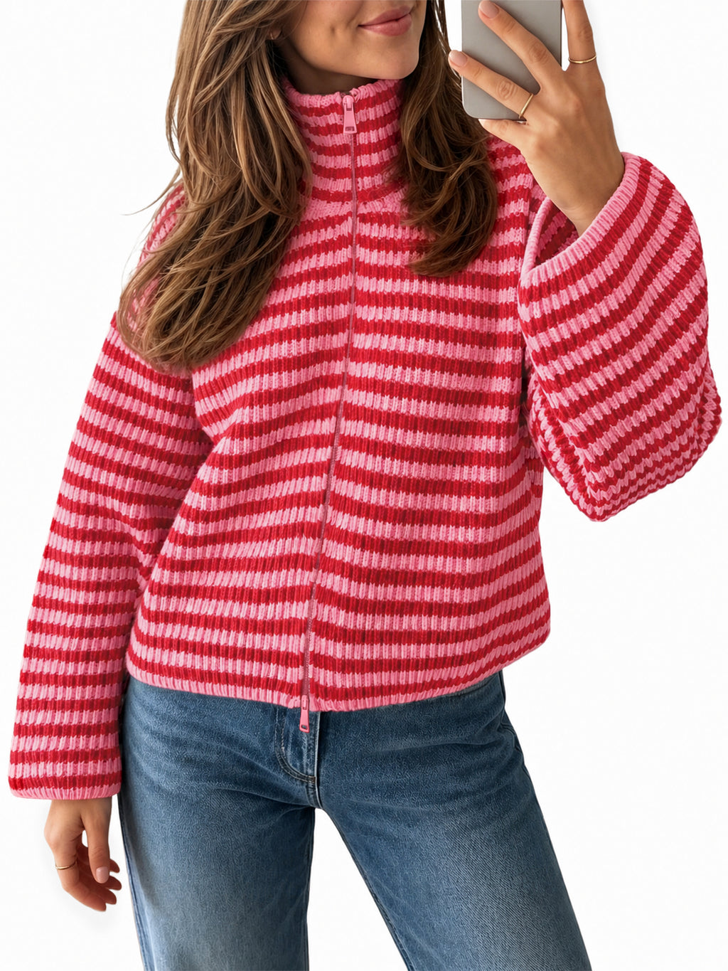 Saodimallsu Womens Striped Zip Knit Cardigan