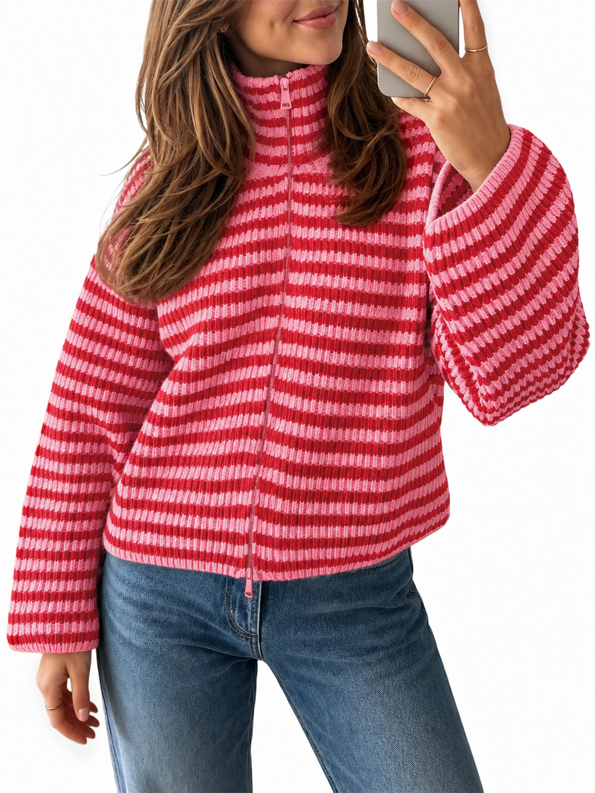 Saodimallsu Womens Striped Zip Knit Cardigan