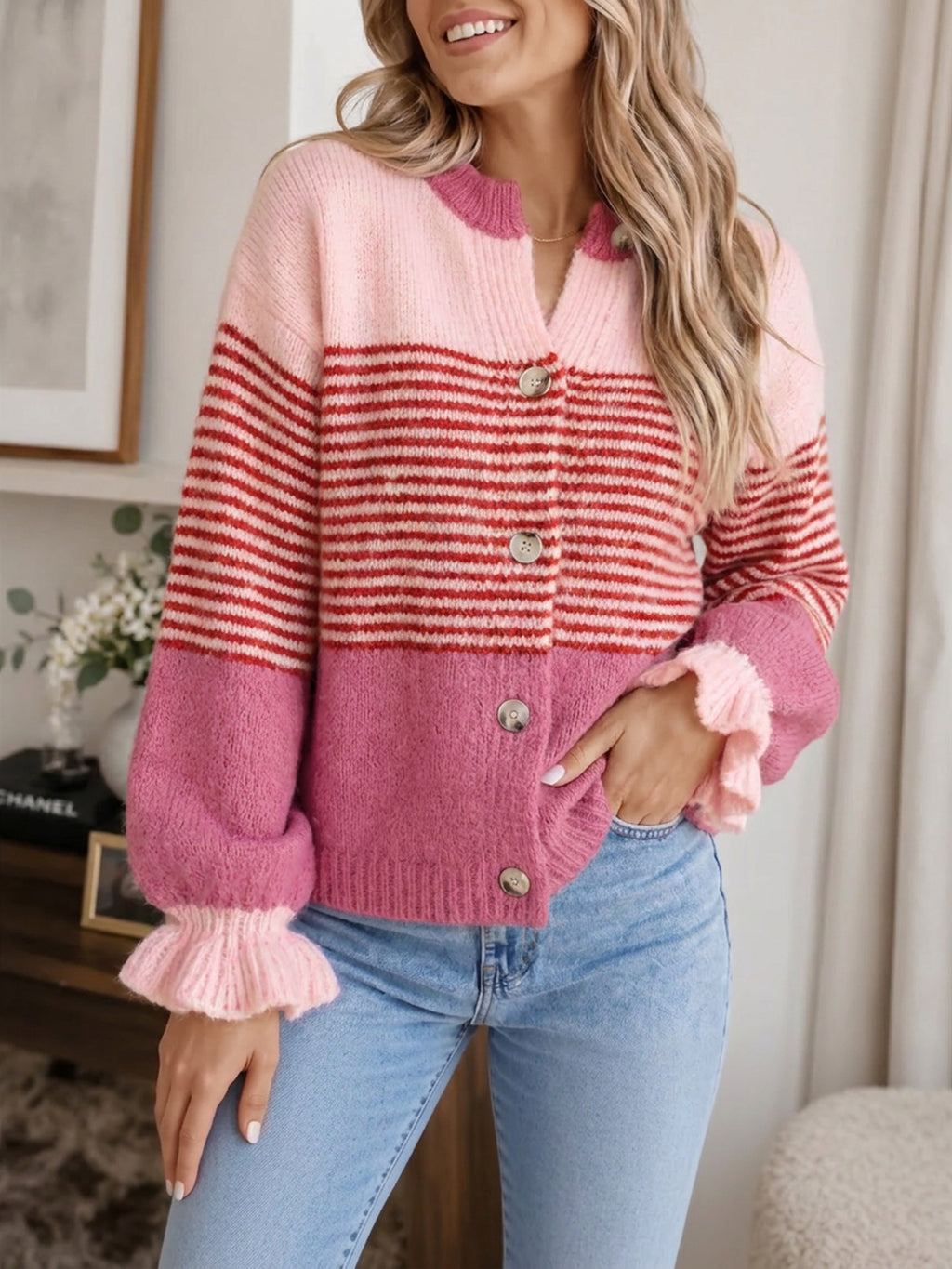 Saodimallsu Womens Striped Ruffle Sleeve Cardigan Coats