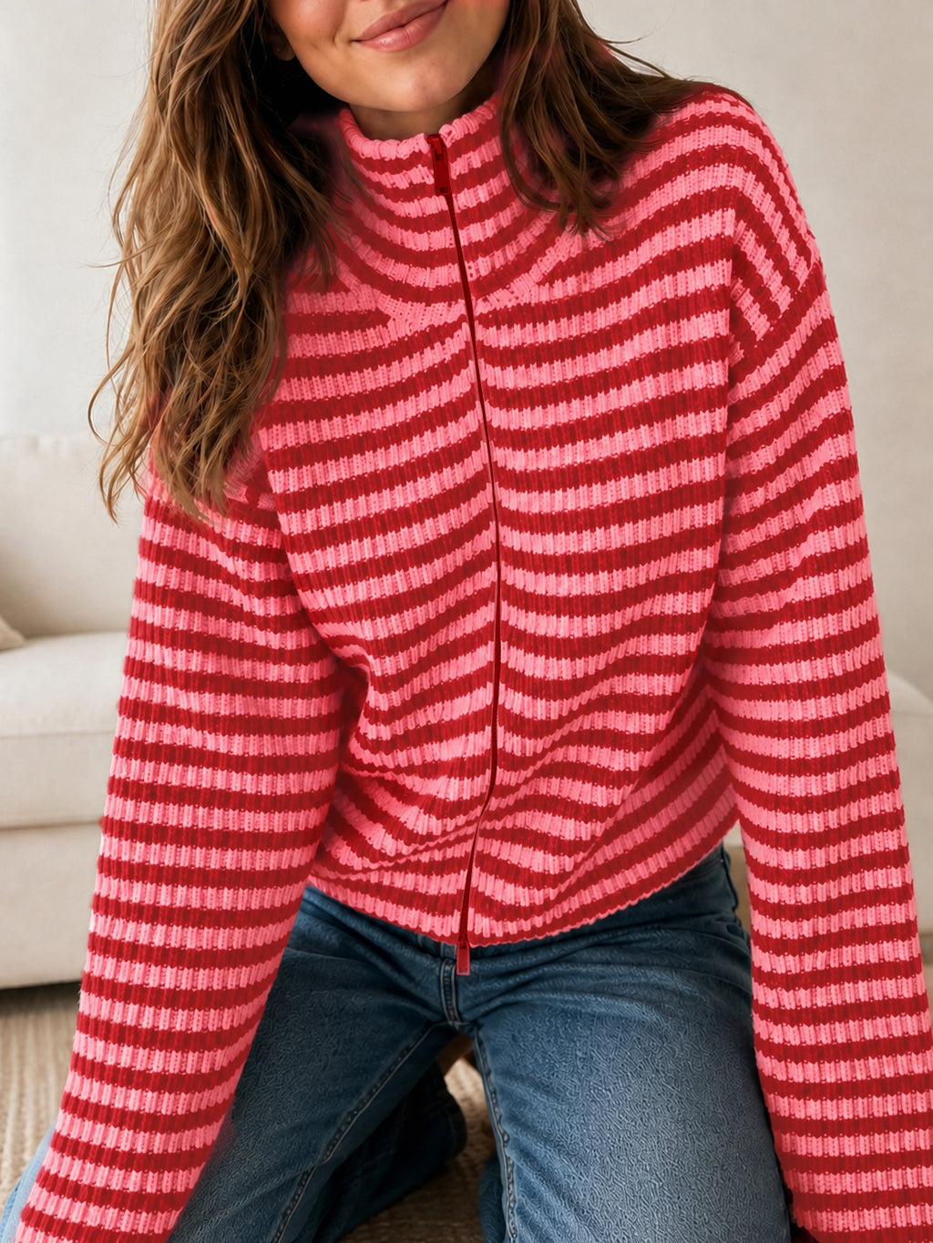 Saodimallsu Womens Striped Zip Knit Cardigan