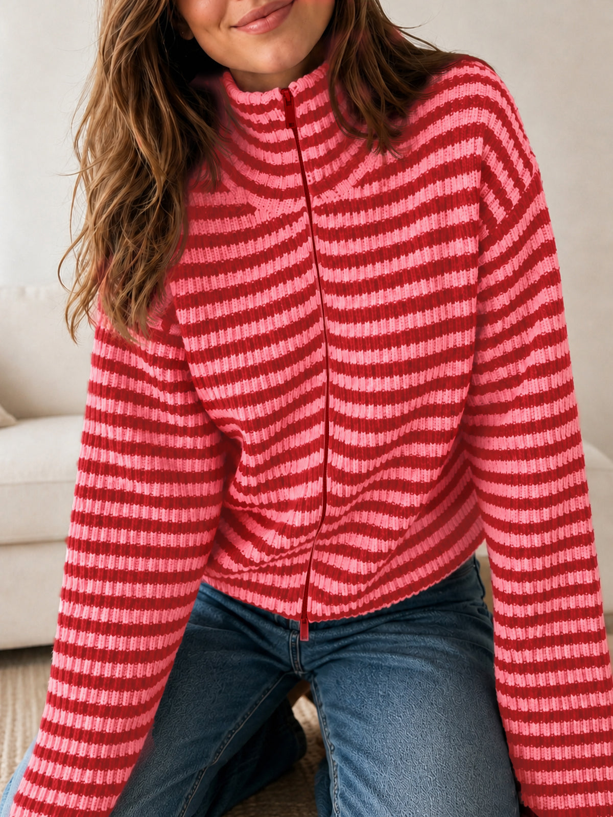 Saodimallsu Womens Striped Zip Knit Cardigan