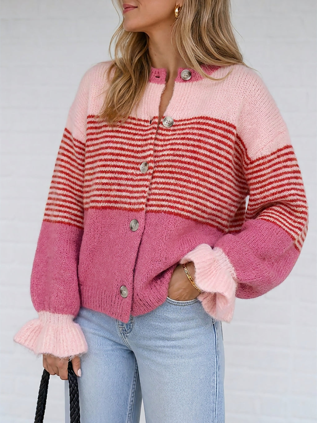 Saodimallsu Womens Striped Ruffle Sleeve Cardigan Coats