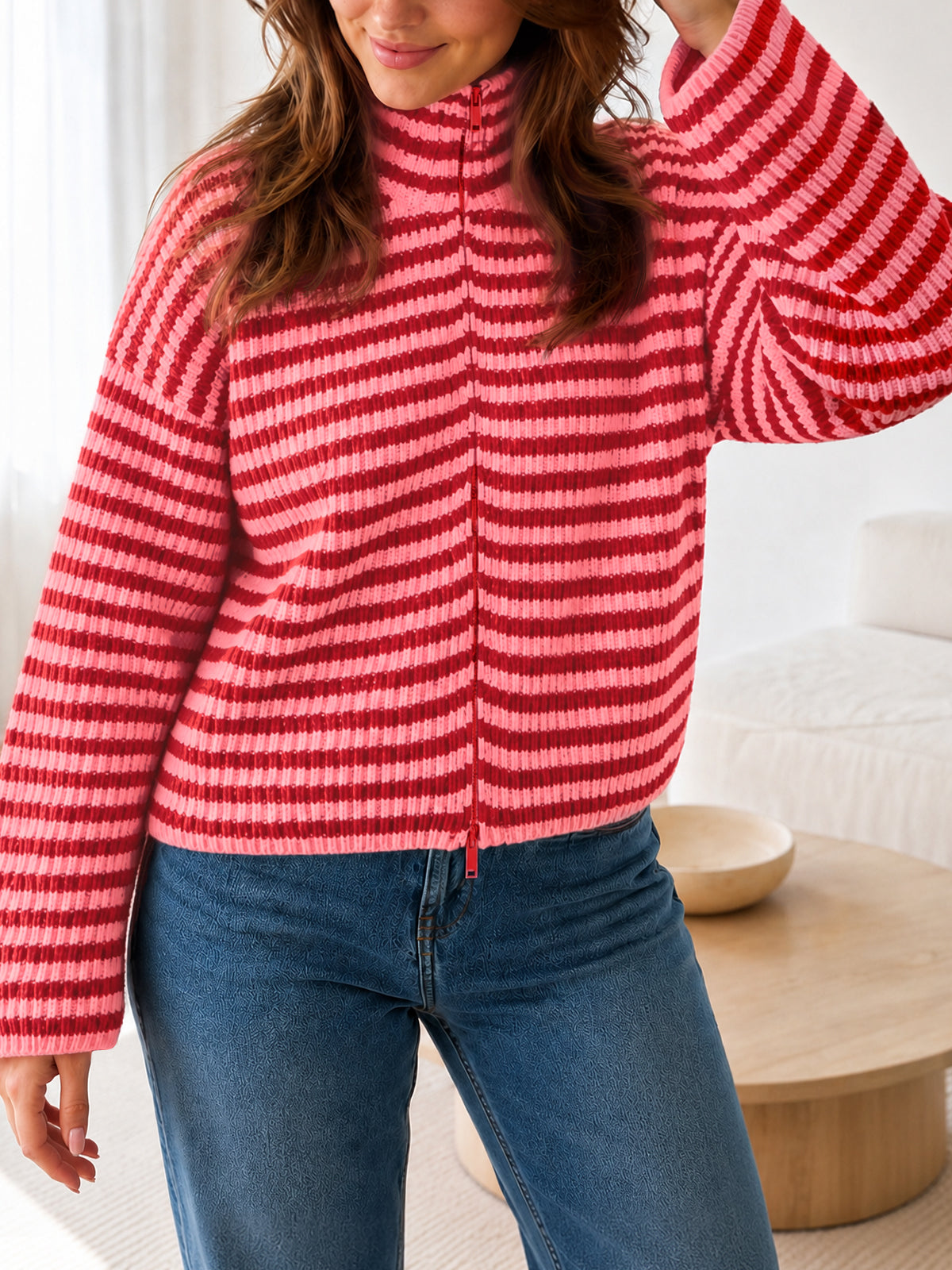 Saodimallsu Womens Striped Zip Knit Cardigan