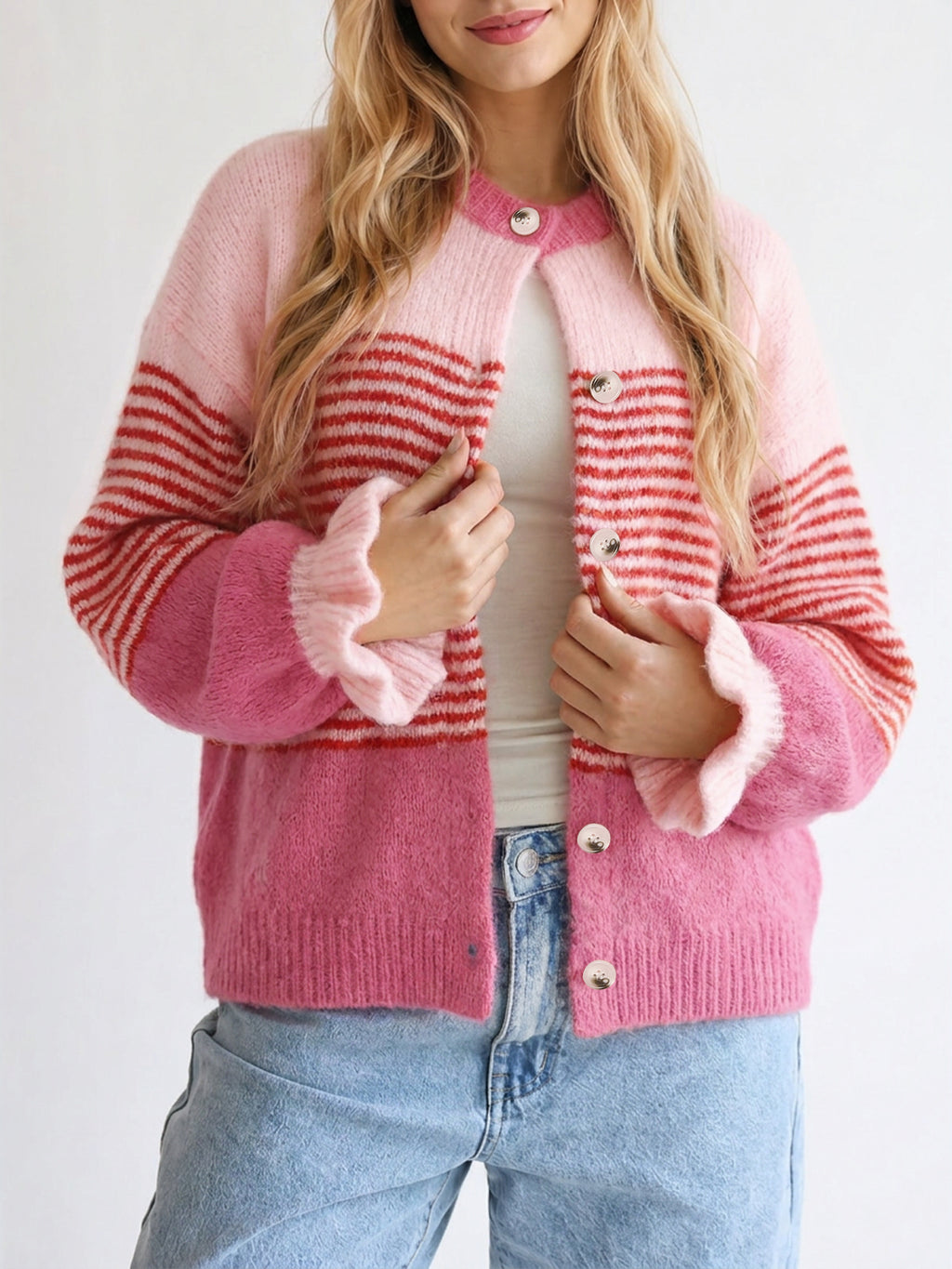 Saodimallsu Womens Striped Ruffle Sleeve Cardigan Coats