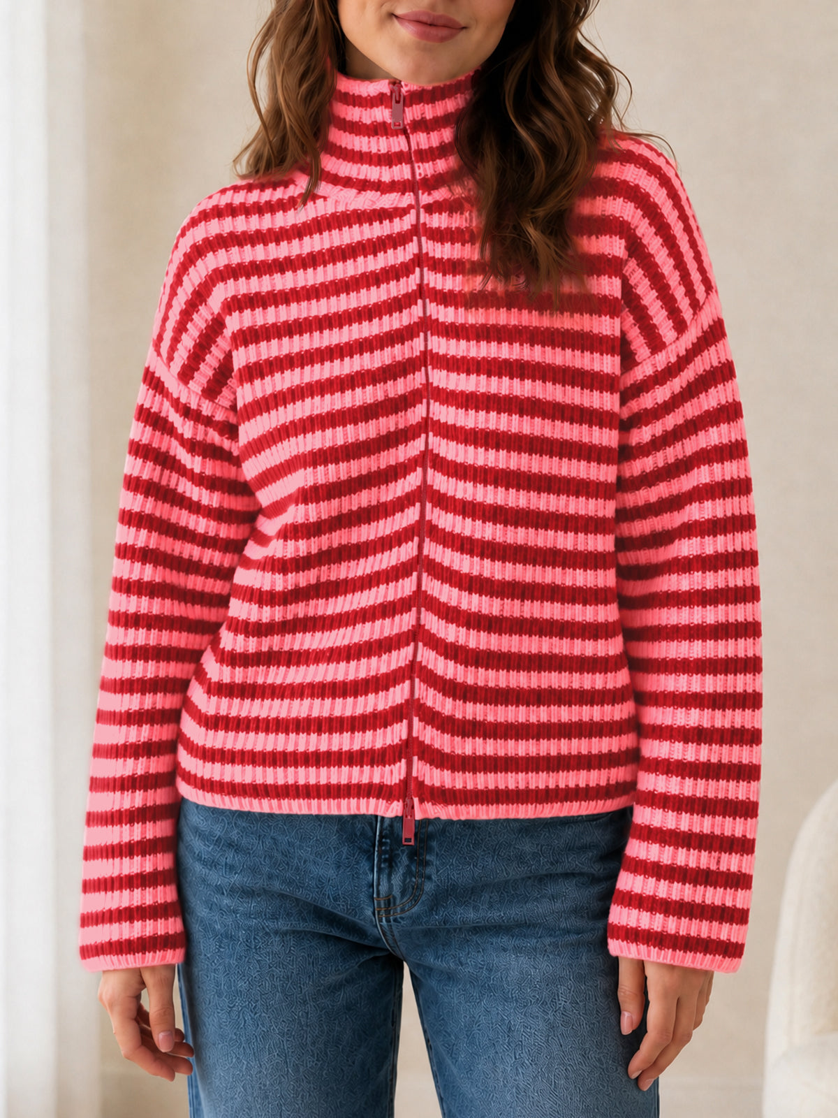 Saodimallsu Womens Striped Zip Knit Cardigan