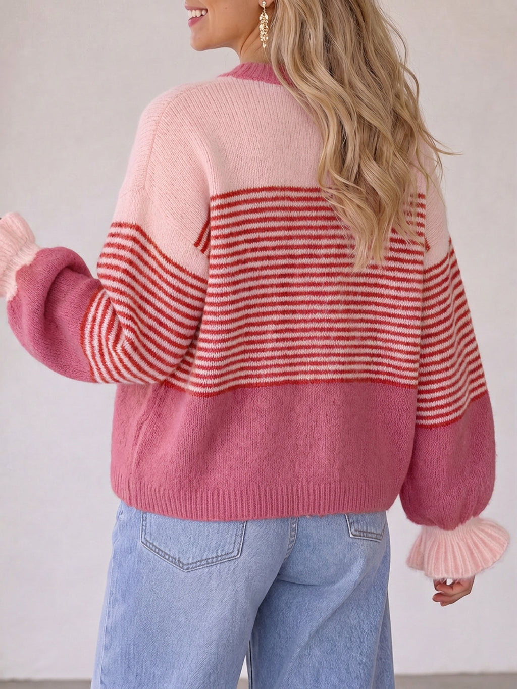 Saodimallsu Womens Striped Ruffle Sleeve Cardigan Coats