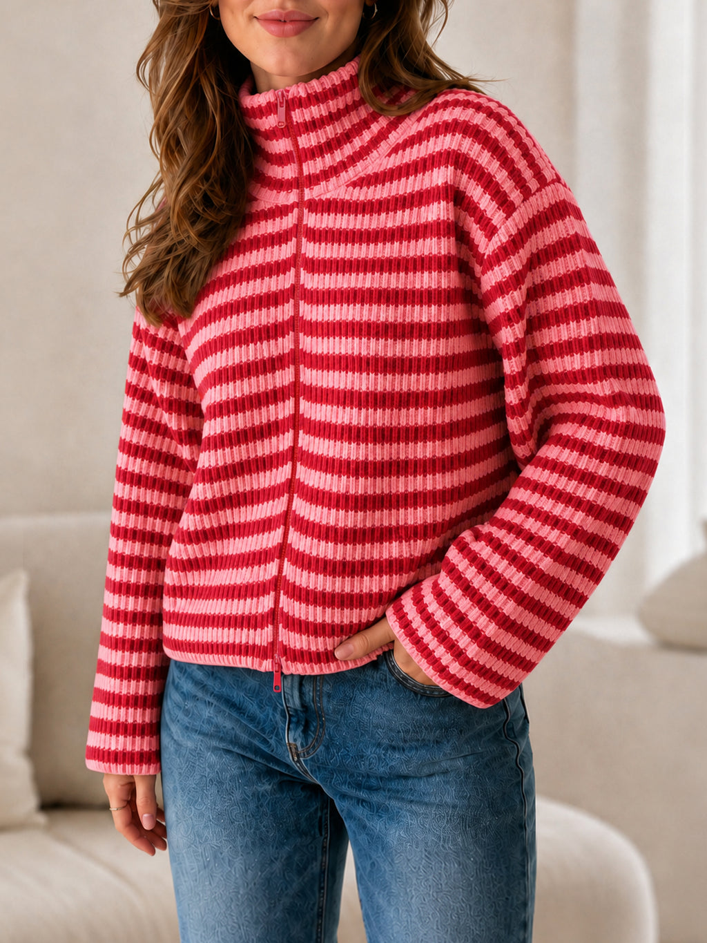 Saodimallsu Womens Striped Zip Knit Cardigan