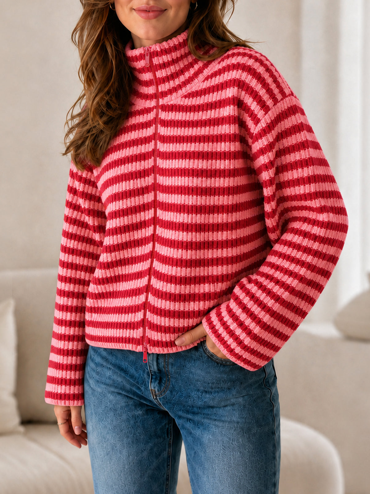 Saodimallsu Womens Striped Zip Knit Cardigan