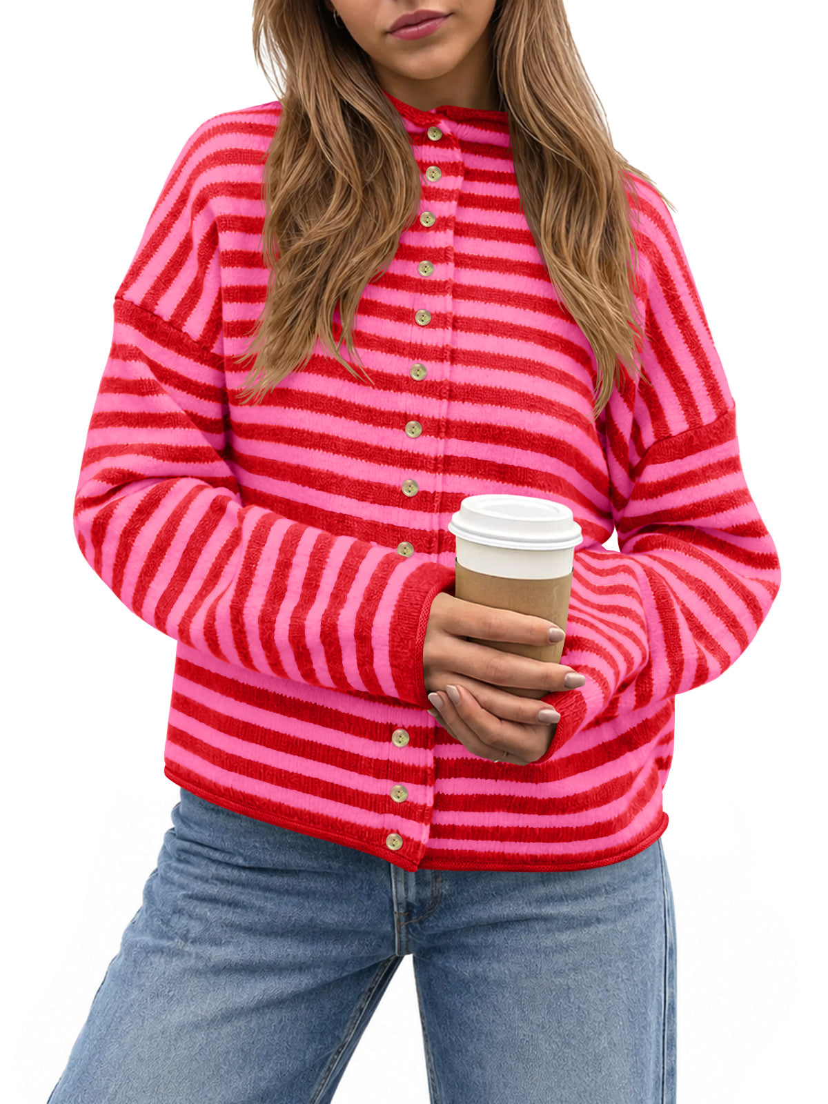 Saodimallsu Womens Striped Mock Neck Cardigan
