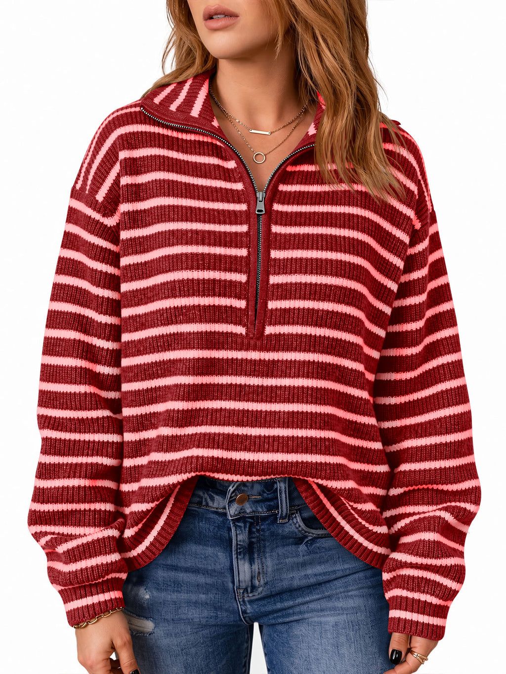 Saodimallsu Womens Striped Half Zip Sweater