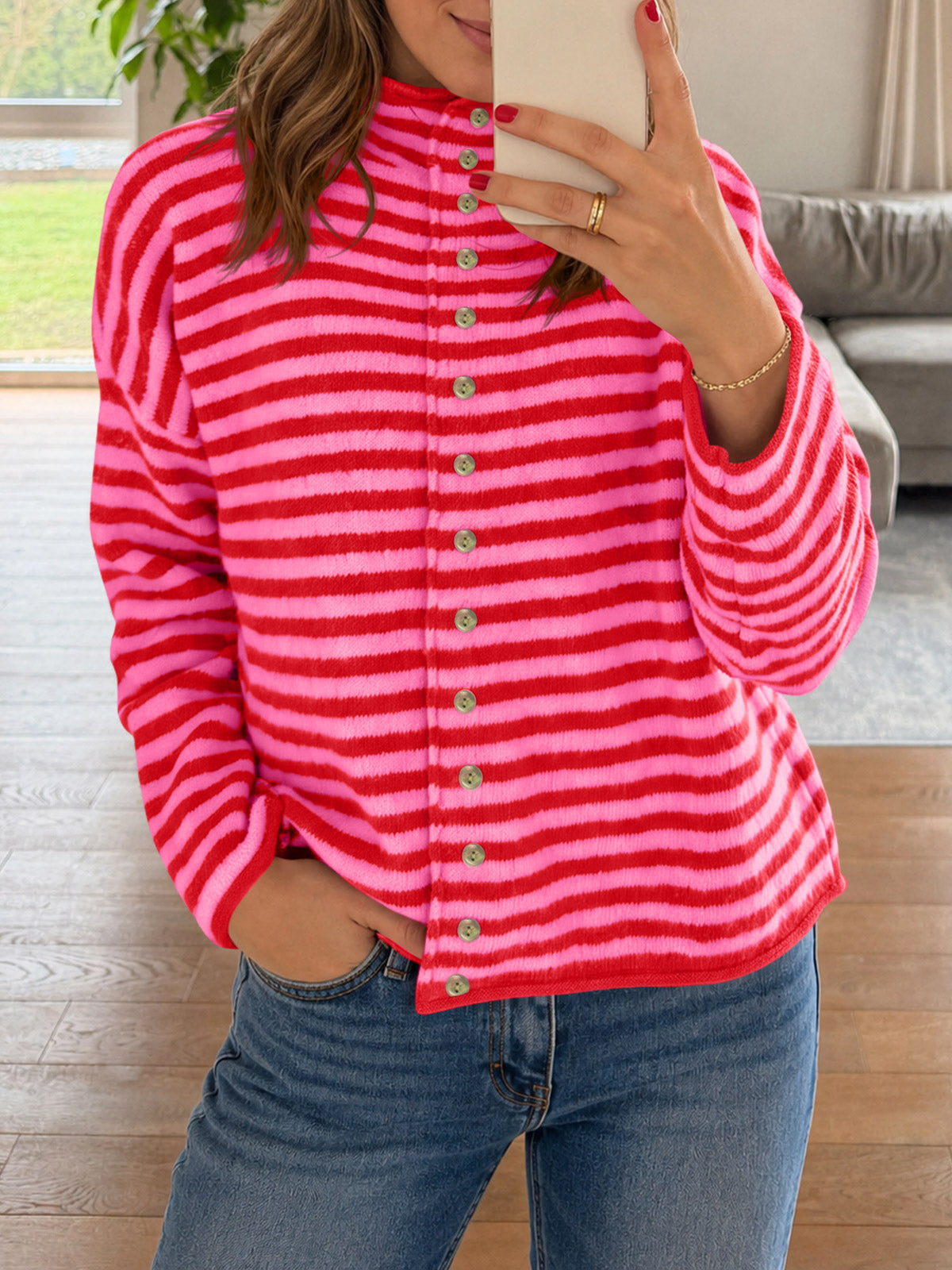 Saodimallsu Womens Striped Mock Neck Cardigan