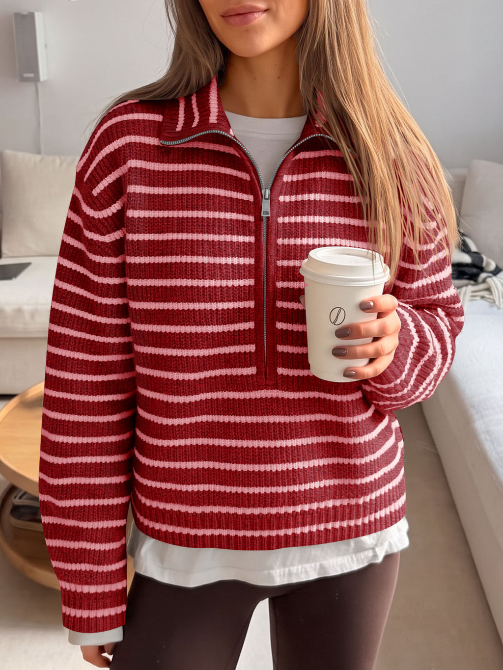 Saodimallsu Womens Striped Half Zip Sweater