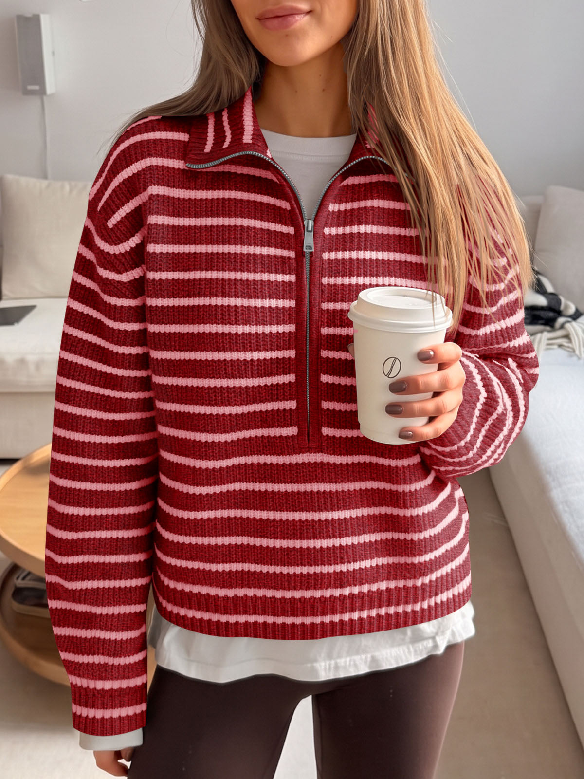 Saodimallsu Womens Striped Half Zip Sweater