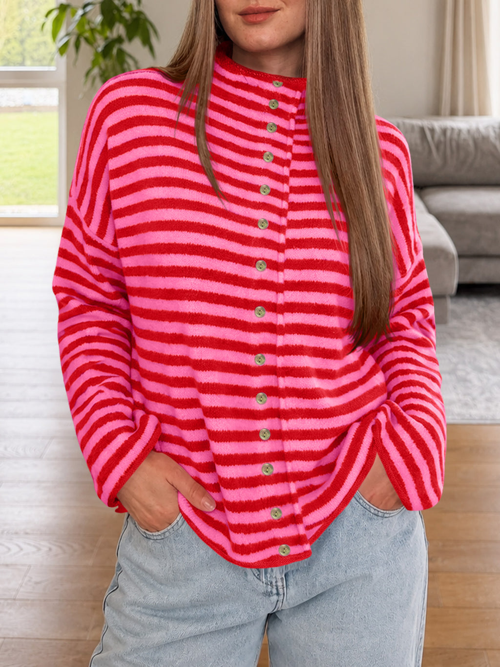 Saodimallsu Womens Striped Mock Neck Cardigan