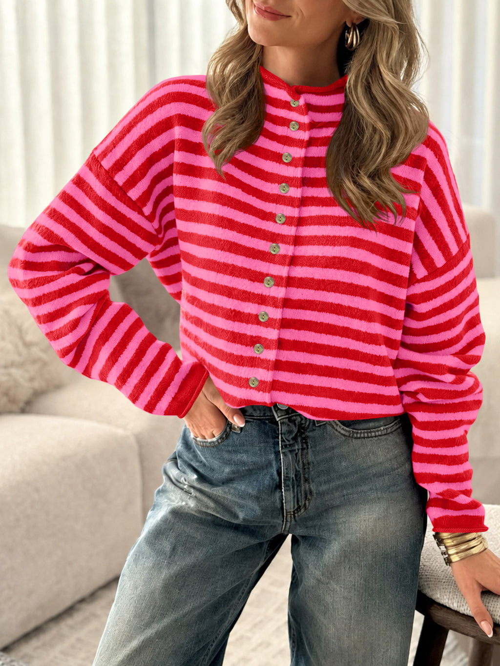 Saodimallsu Womens Striped Mock Neck Cardigan