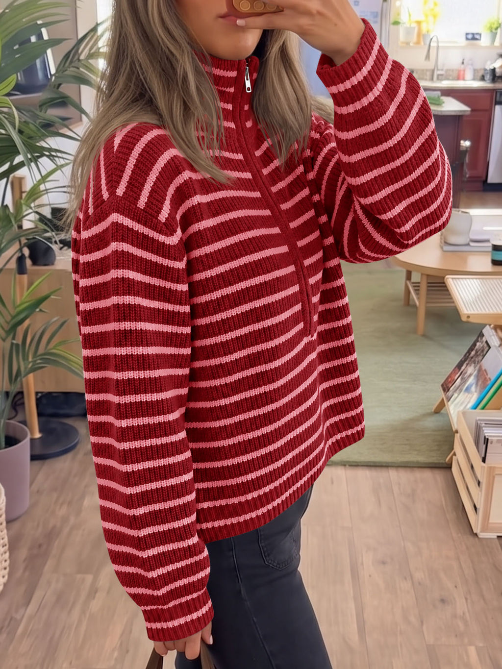 Saodimallsu Womens Striped Half Zip Sweater