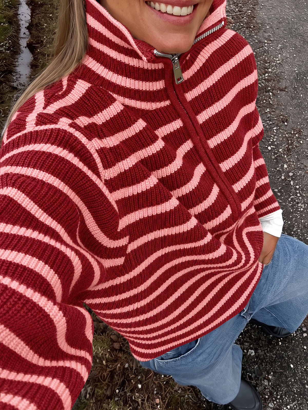 Saodimallsu Womens Striped Half Zip Sweater