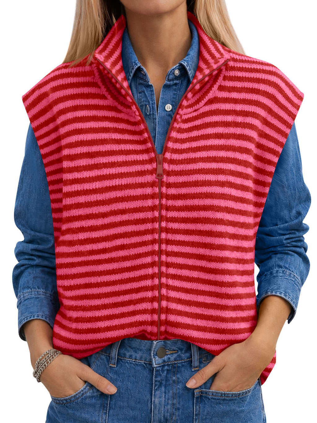 Saodimallsu Women Striped Zip Up Knit Cardigan