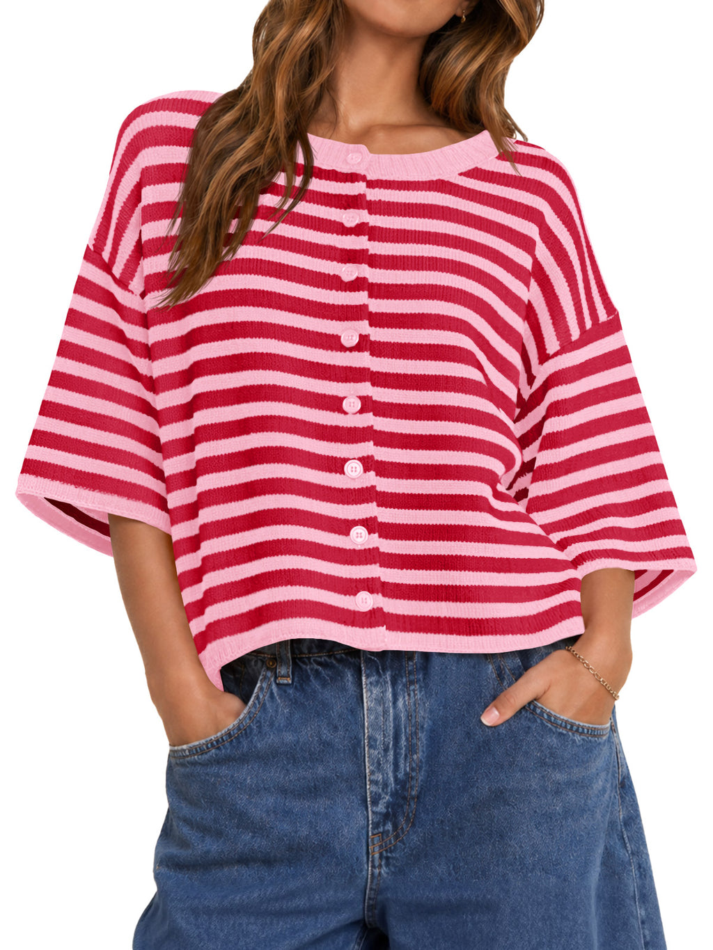 Saodimallsu Women Striped Cropped Cardigan