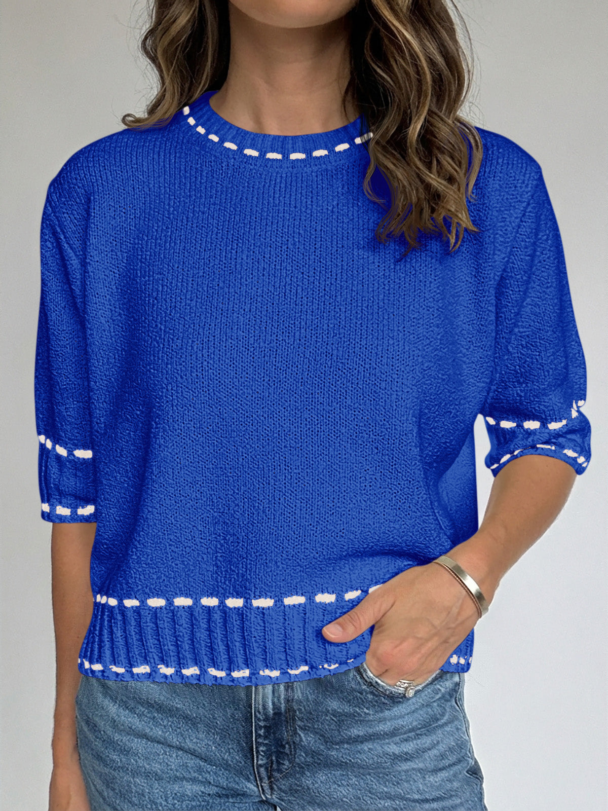 Saodimallsu Womens Cropped Crew Neck Knit Sweater