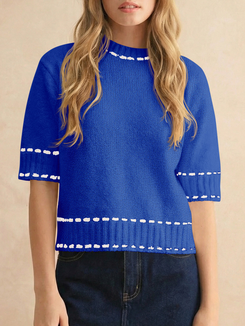 Saodimallsu Womens Cropped Crew Neck Knit Sweater