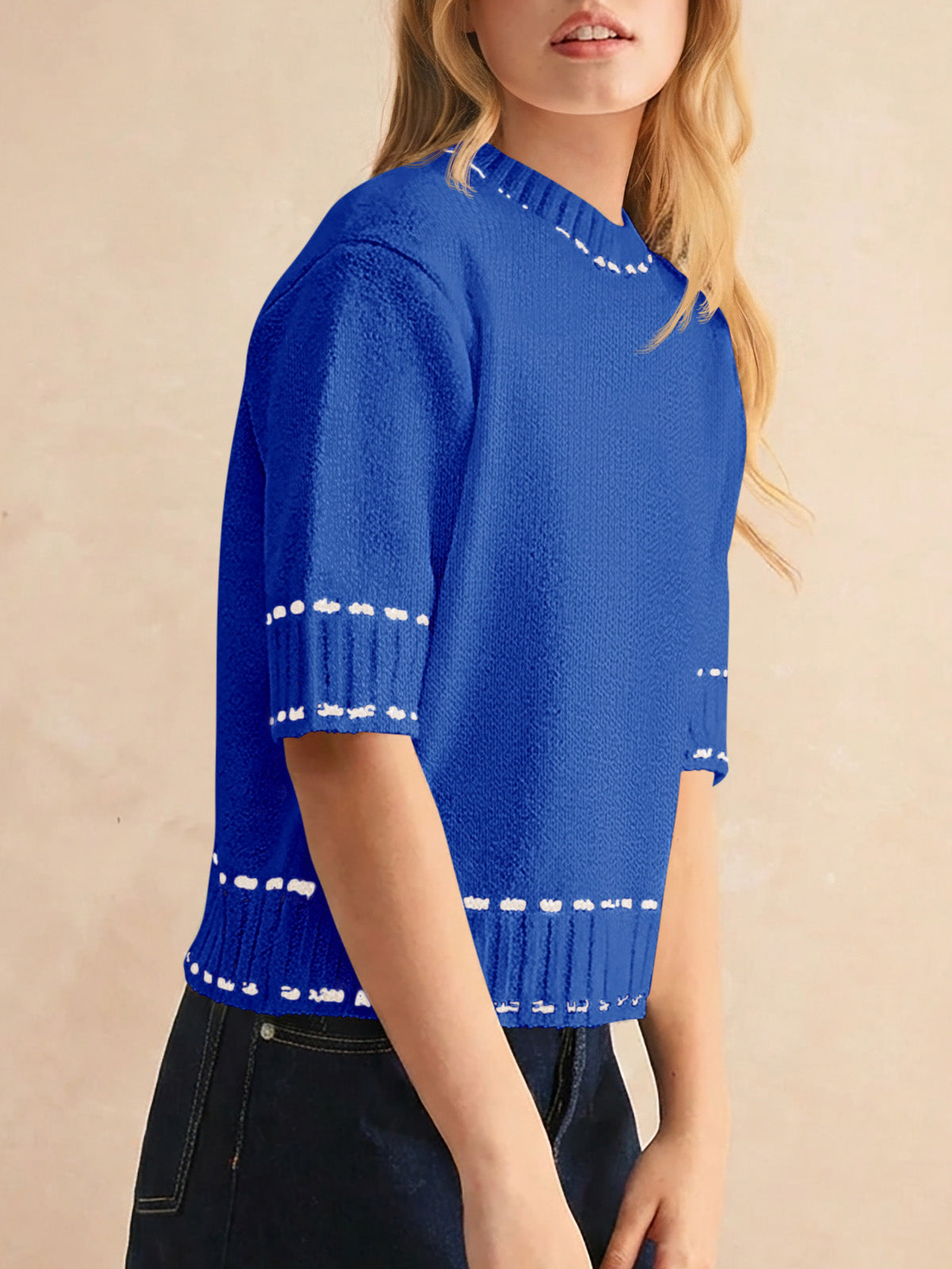 Saodimallsu Womens Cropped Crew Neck Knit Sweater