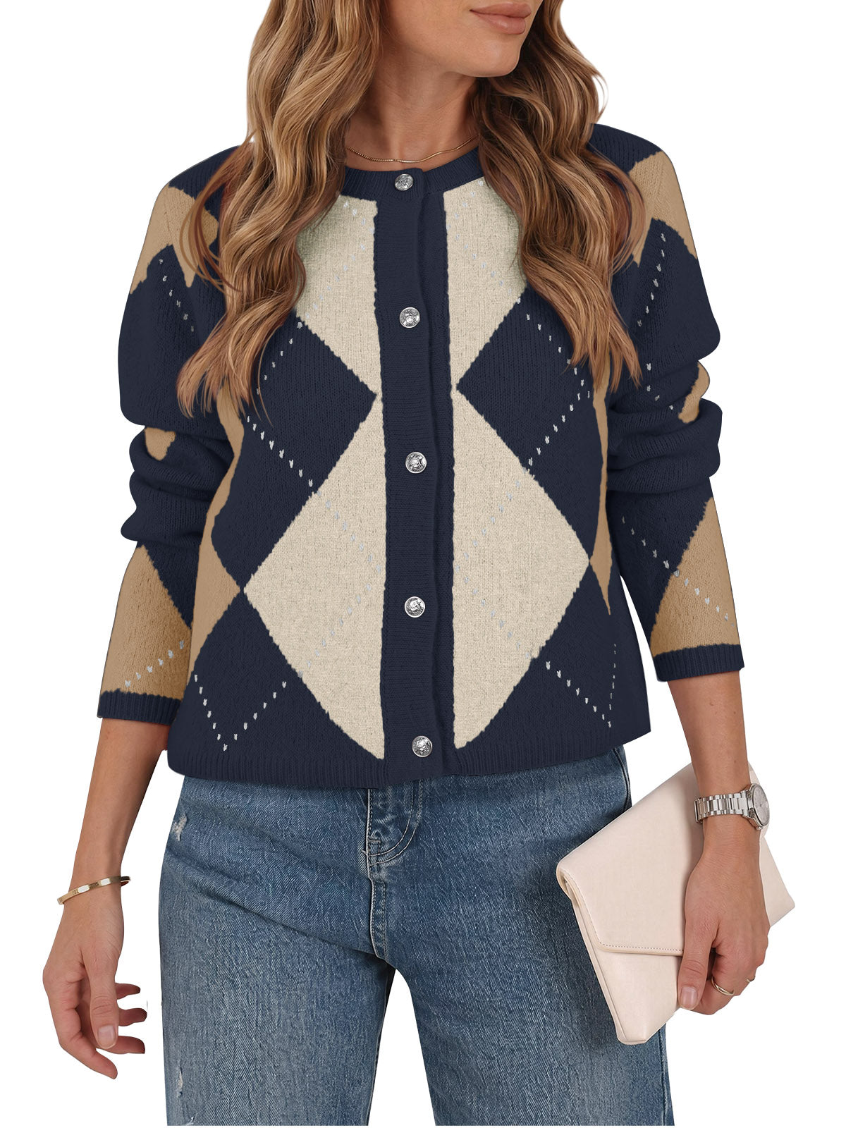Saodimallsu Womens Argyle Crew Neck Knit Cardigan