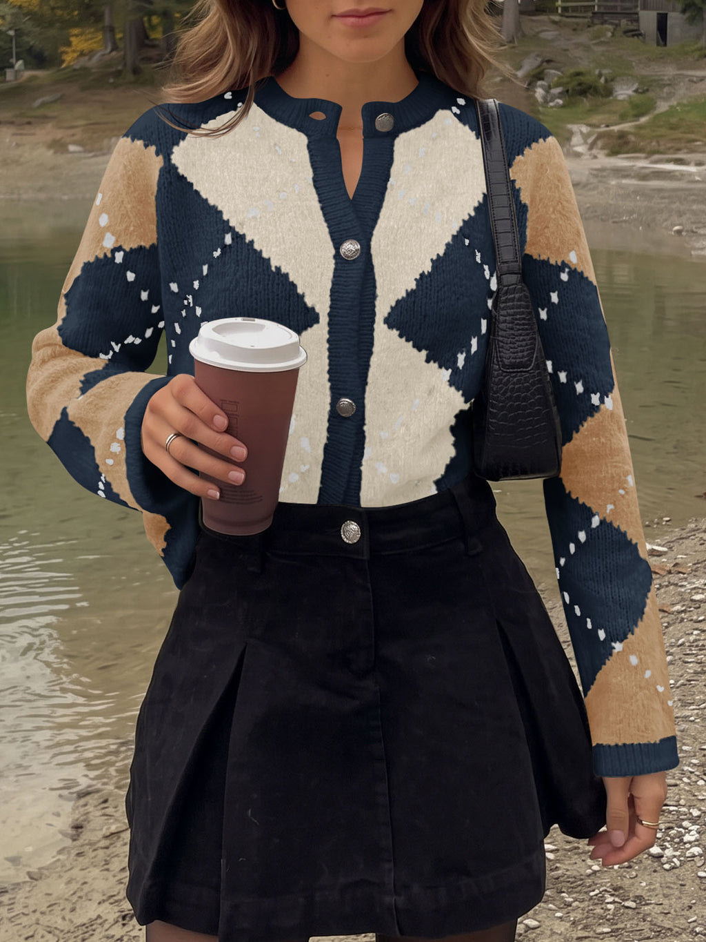Saodimallsu Womens Argyle Crew Neck Knit Cardigan