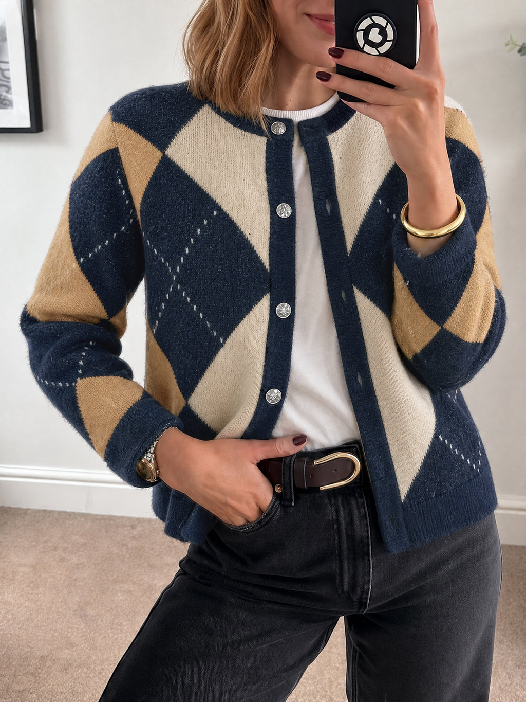 Saodimallsu Womens Argyle Crew Neck Knit Cardigan