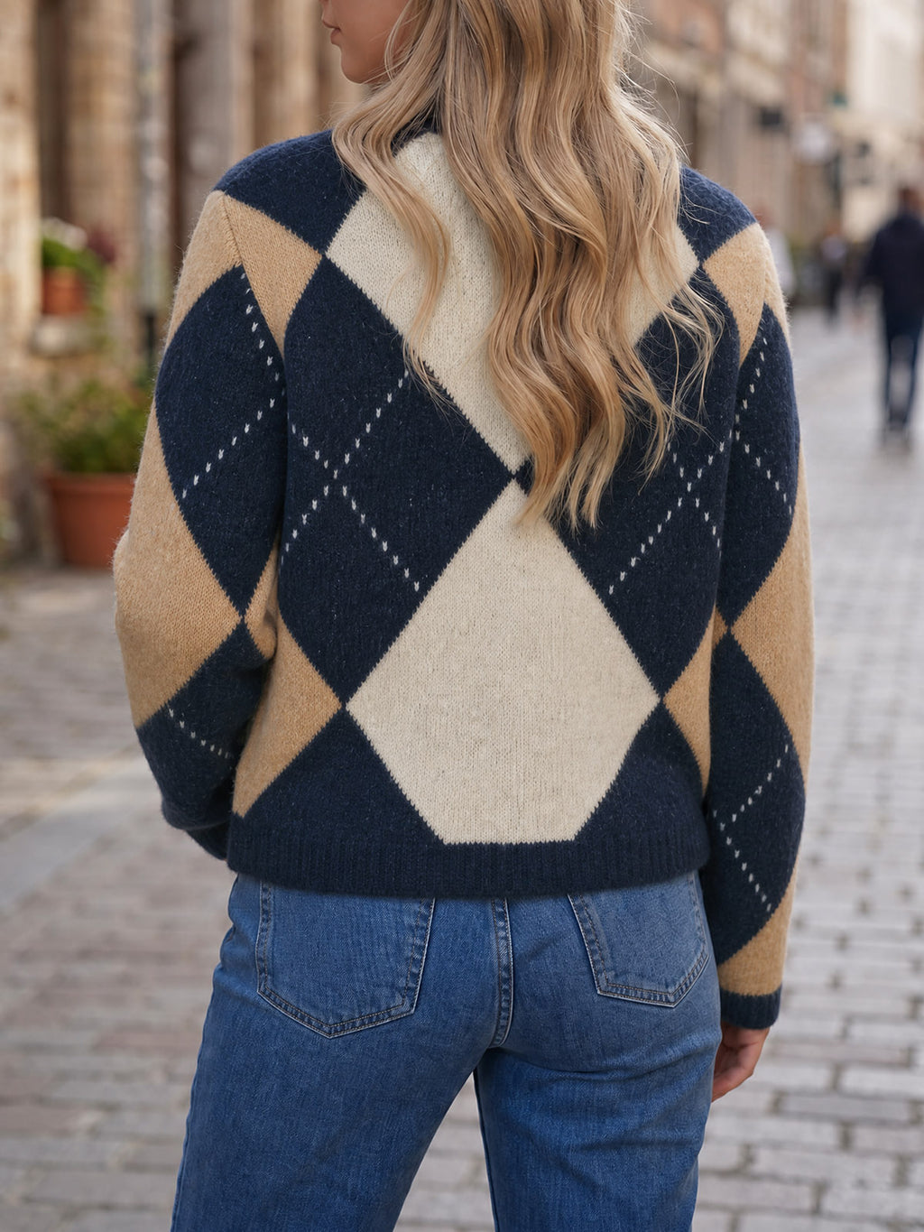 Saodimallsu Womens Argyle Crew Neck Knit Cardigan