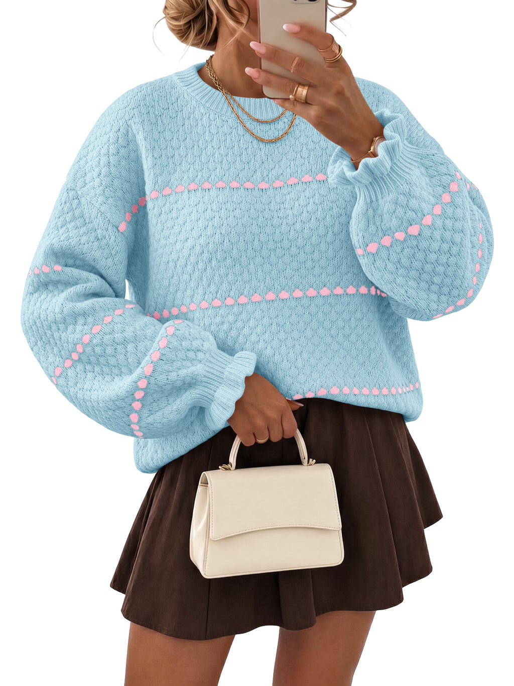 Saodimallsu Womens Heart Striped Ruffle Sweaters