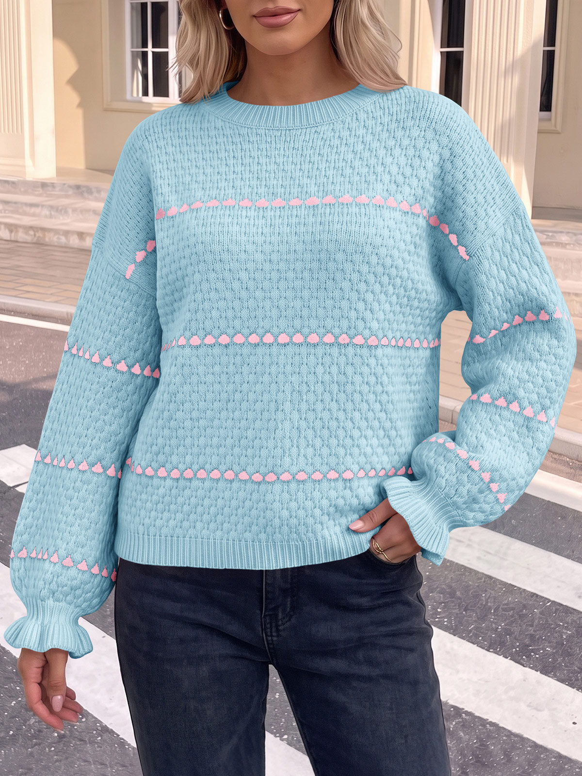 Saodimallsu Womens Heart Striped Ruffle Sweaters