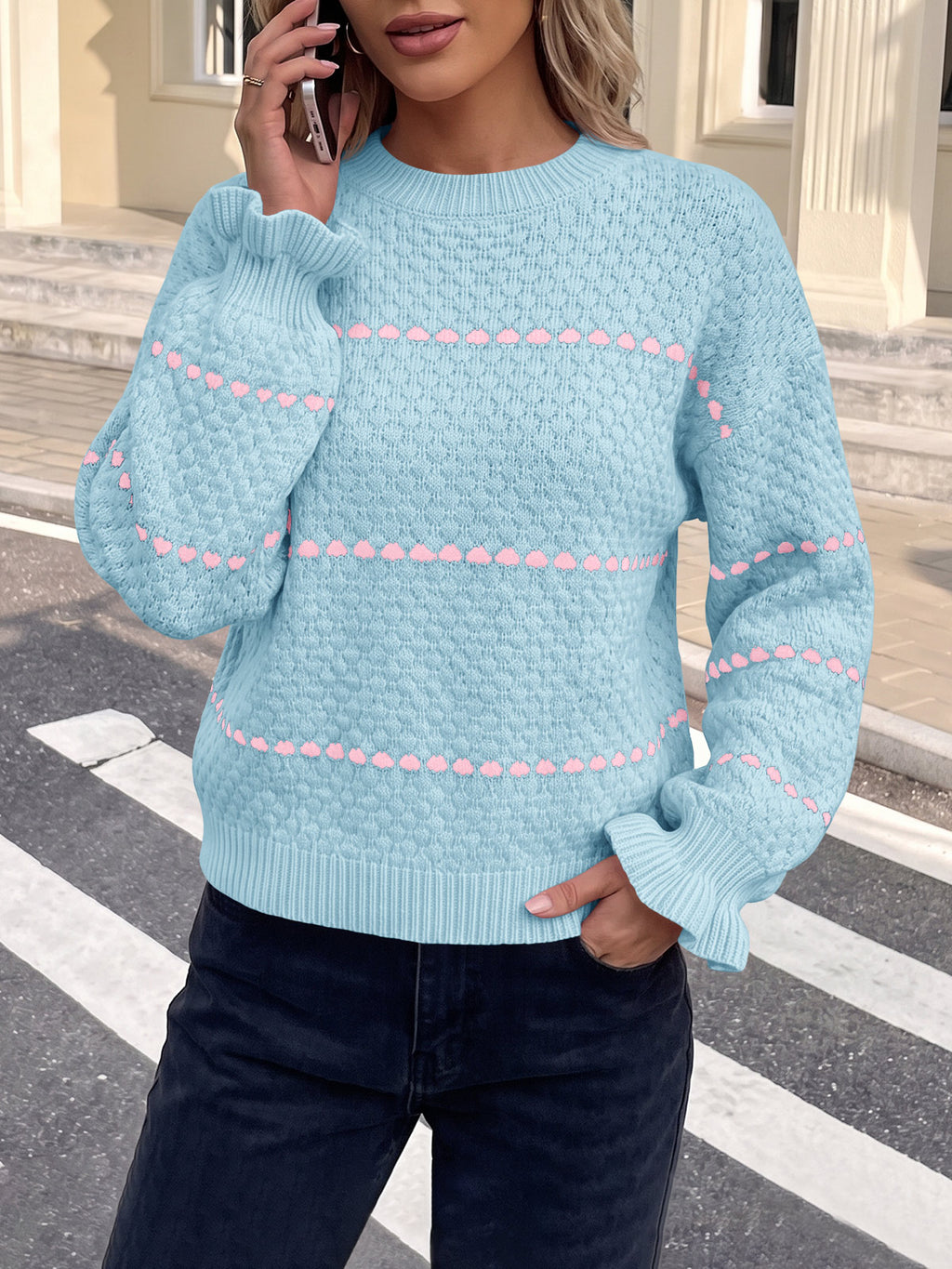 Saodimallsu Womens Heart Striped Ruffle Sweaters