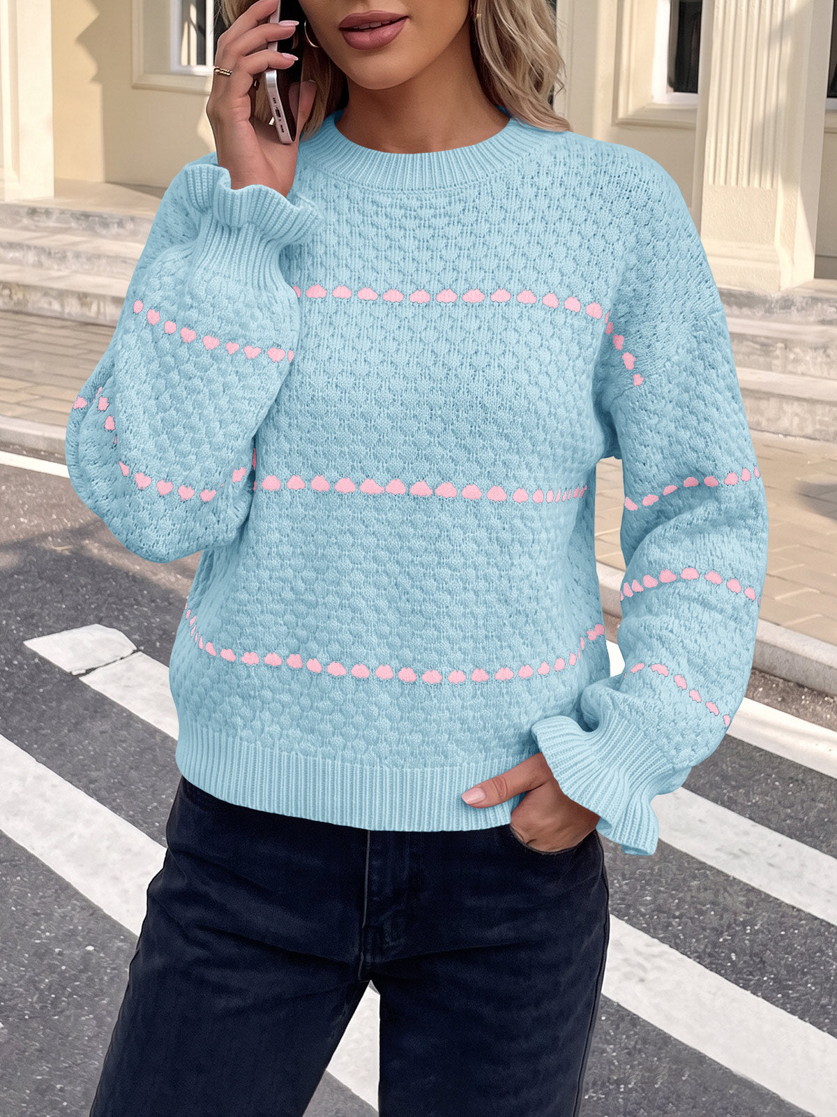 Saodimallsu Womens Heart Striped Ruffle Sweaters