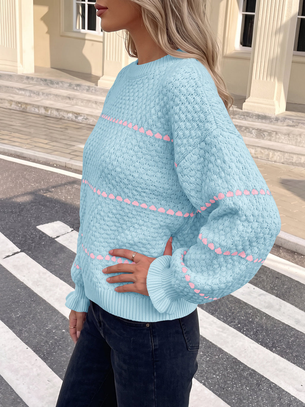 Saodimallsu Womens Heart Striped Ruffle Sweaters