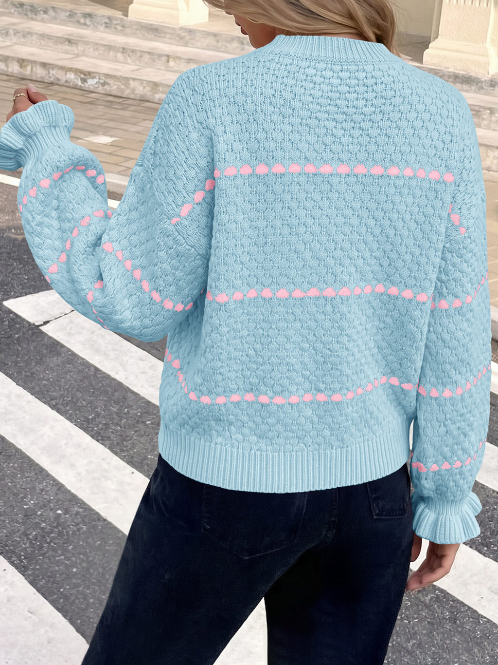 Saodimallsu Womens Heart Striped Ruffle Sweaters