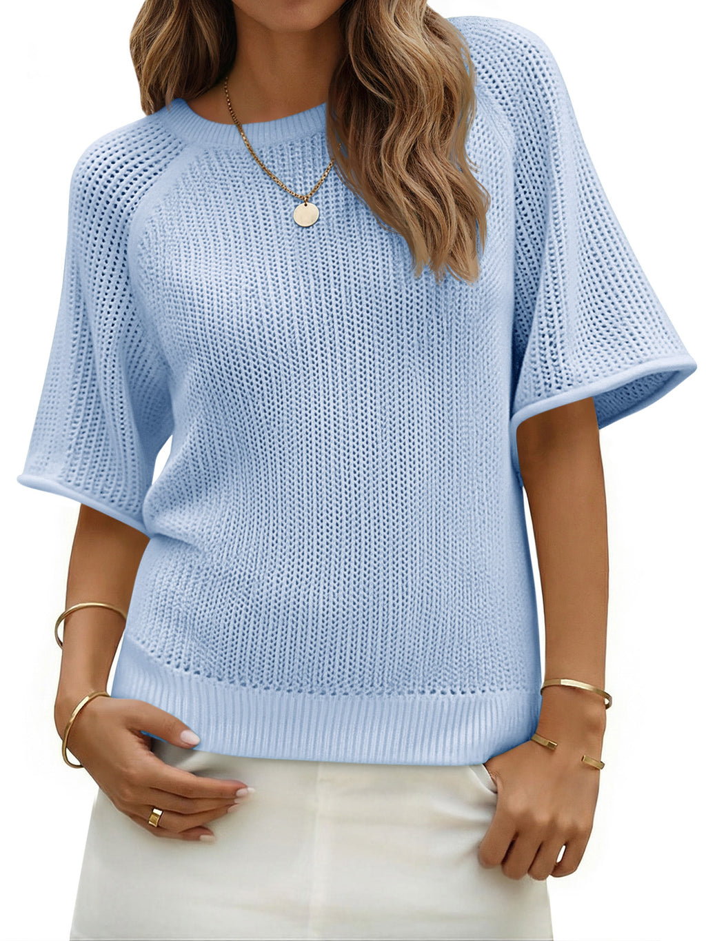 Saodimallsu Womens Crochet Short Sleeve Knit Sweater