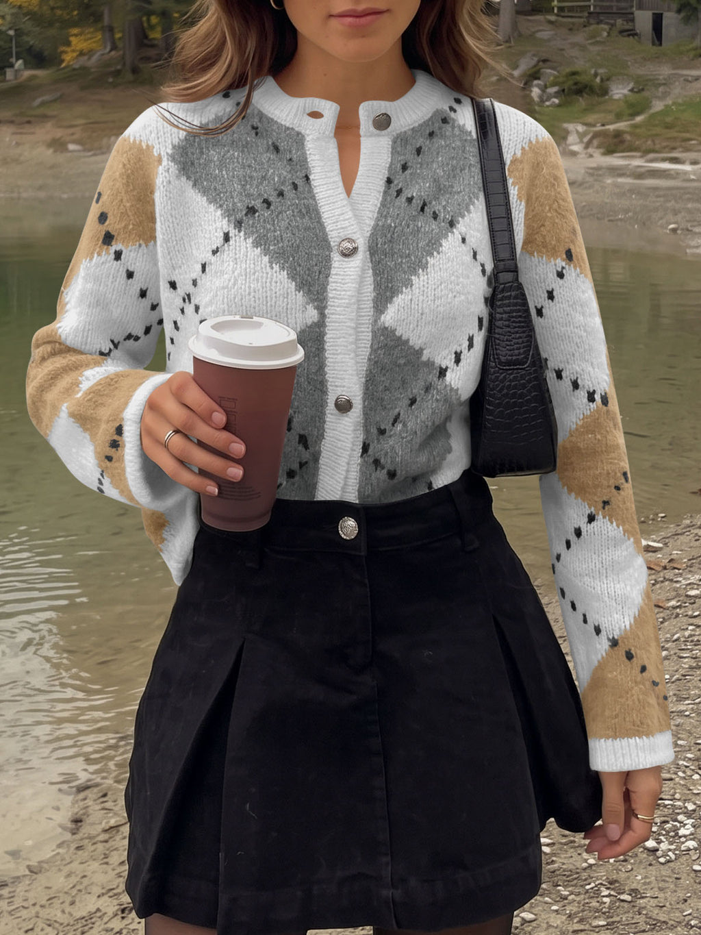 Saodimallsu Womens Argyle Crew Neck Knit Cardigan