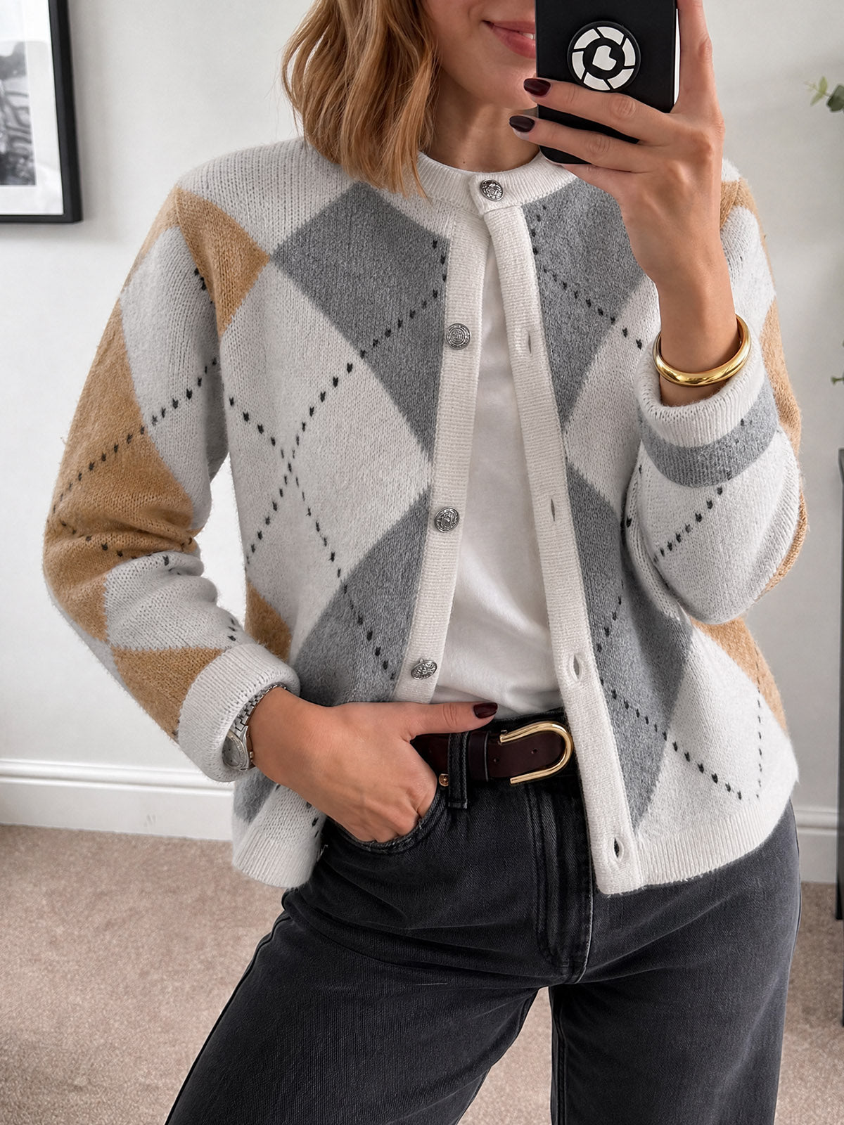 Saodimallsu Womens Argyle Crew Neck Knit Cardigan
