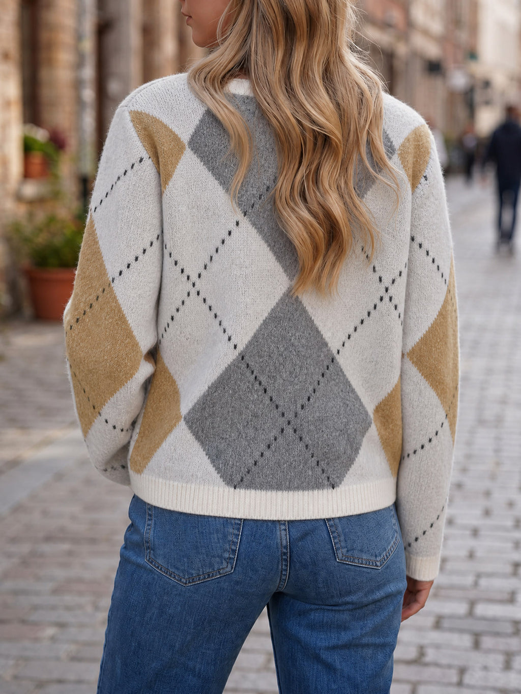 Saodimallsu Womens Argyle Crew Neck Knit Cardigan