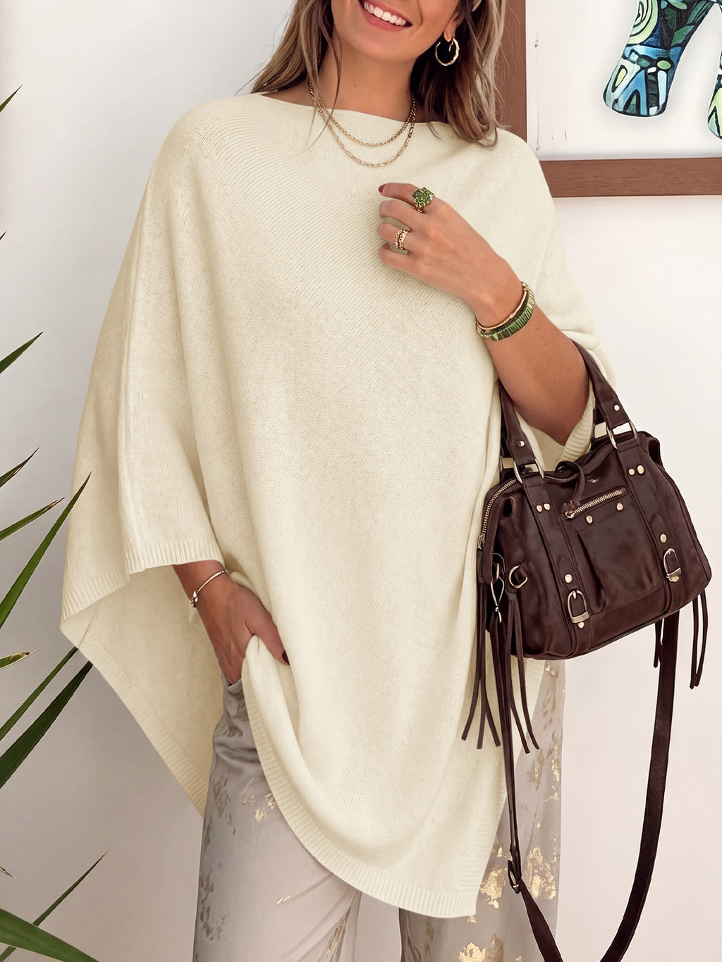 Saodimallsu Women Poncho Boat Neck Knit Sweater