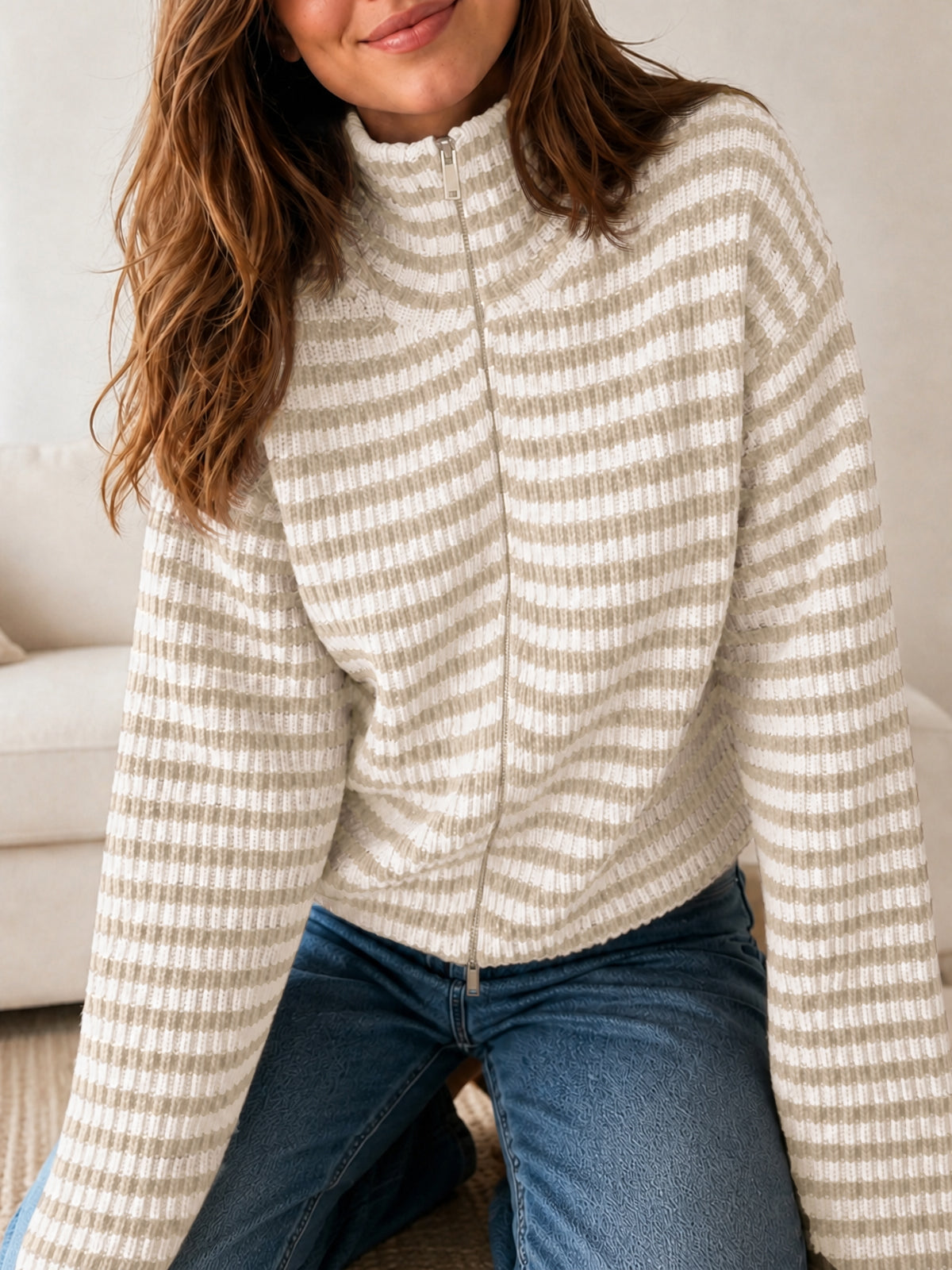 Saodimallsu Womens Striped Zip Knit Cardigan
