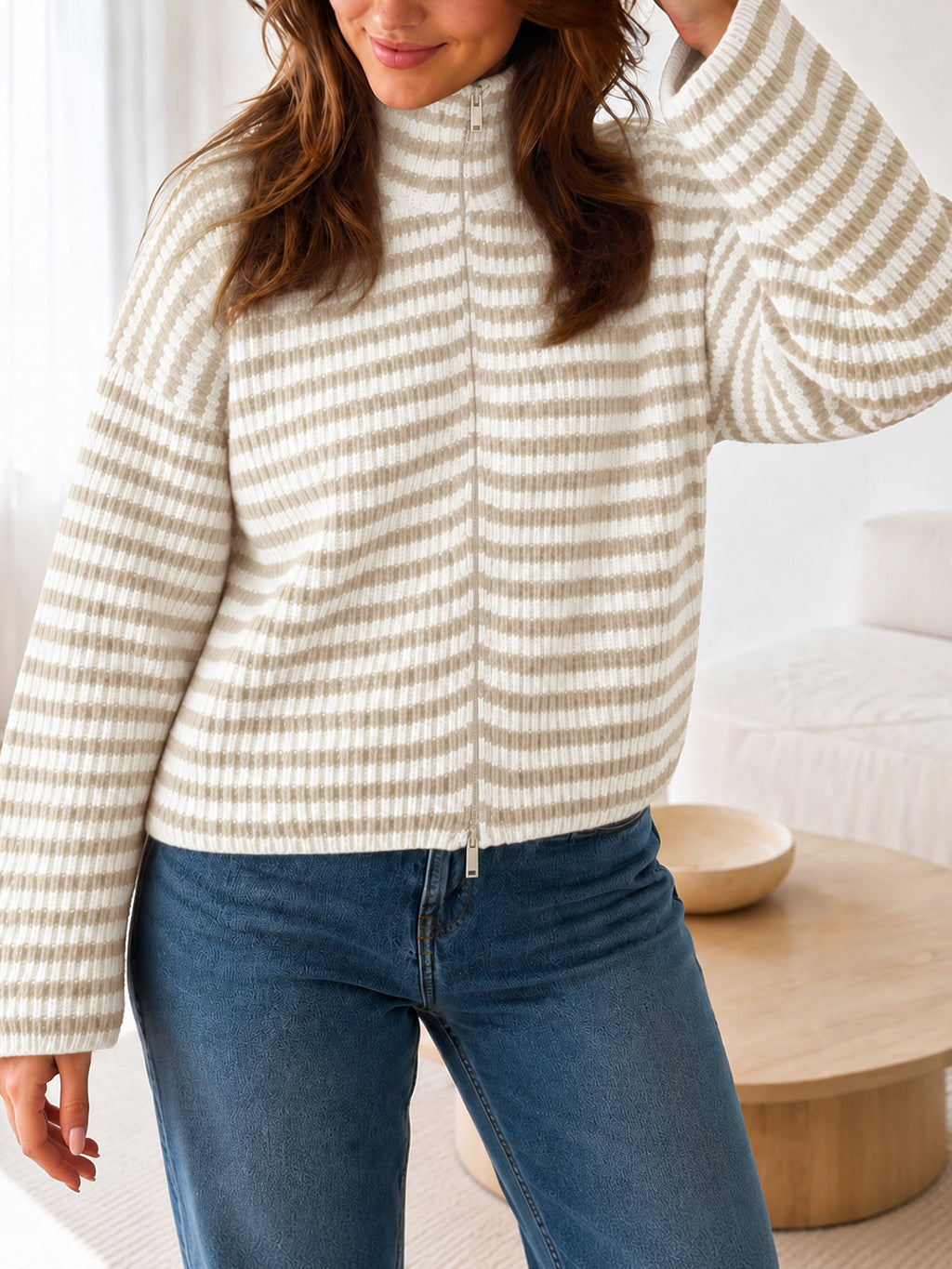 Saodimallsu Womens Striped Zip Knit Cardigan