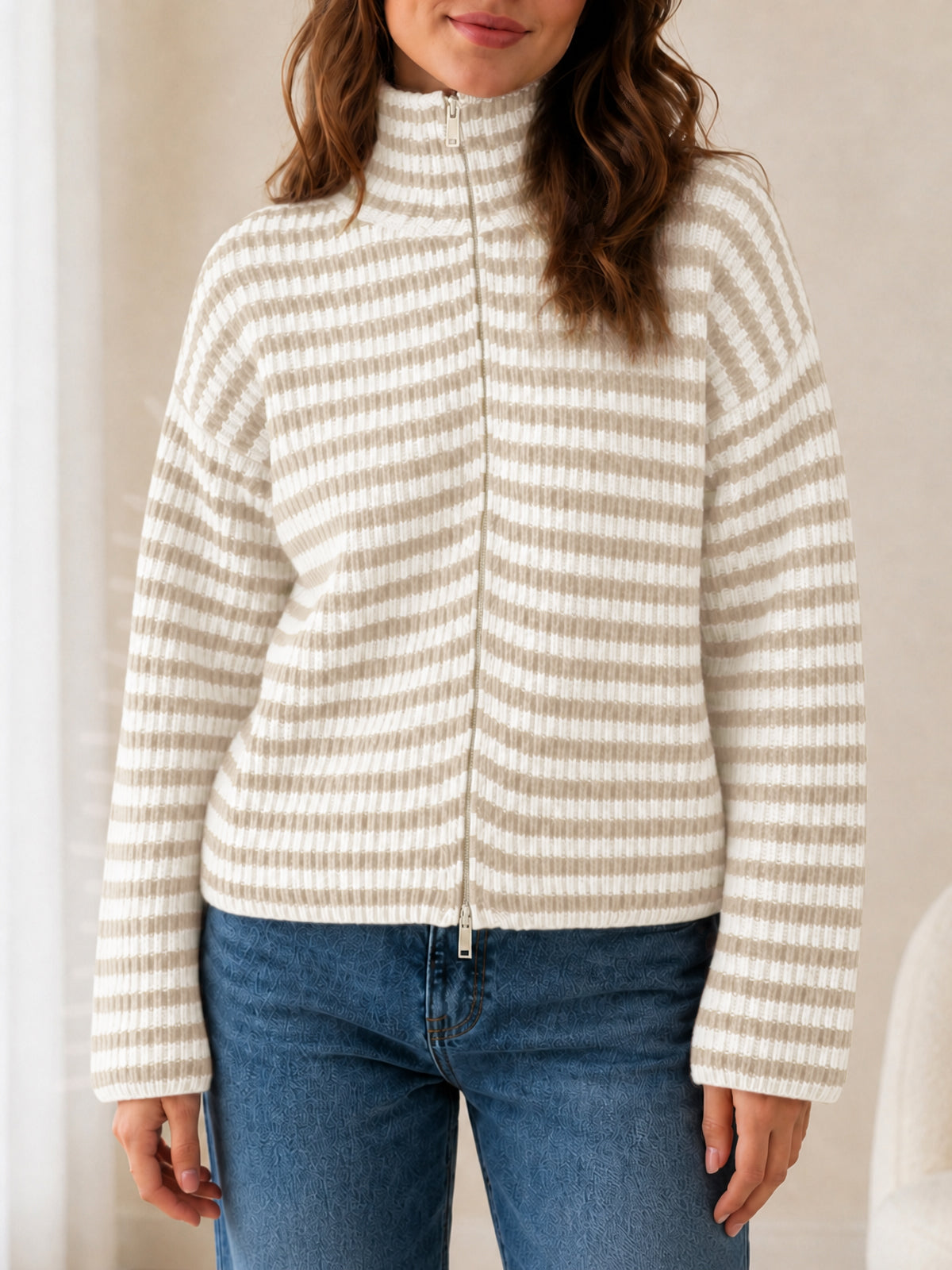 Saodimallsu Womens Striped Zip Knit Cardigan