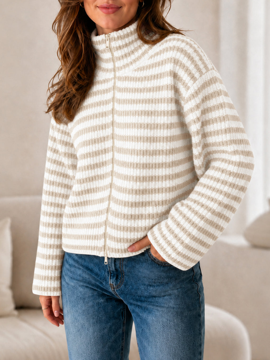 Saodimallsu Womens Striped Zip Knit Cardigan