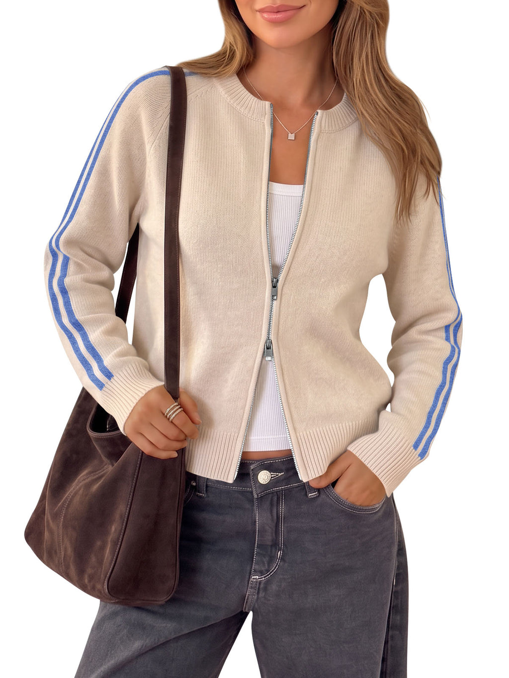 Saodimallsu Womens Zip Up Crew Neck Cardigan